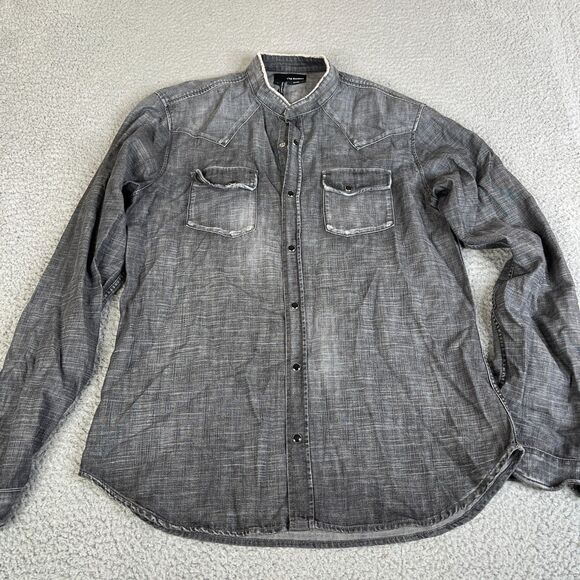 The Kooples Shirt Men Large Fitted Black Denim Pearl Snap Distressed Pocket - Picture 1 of 14